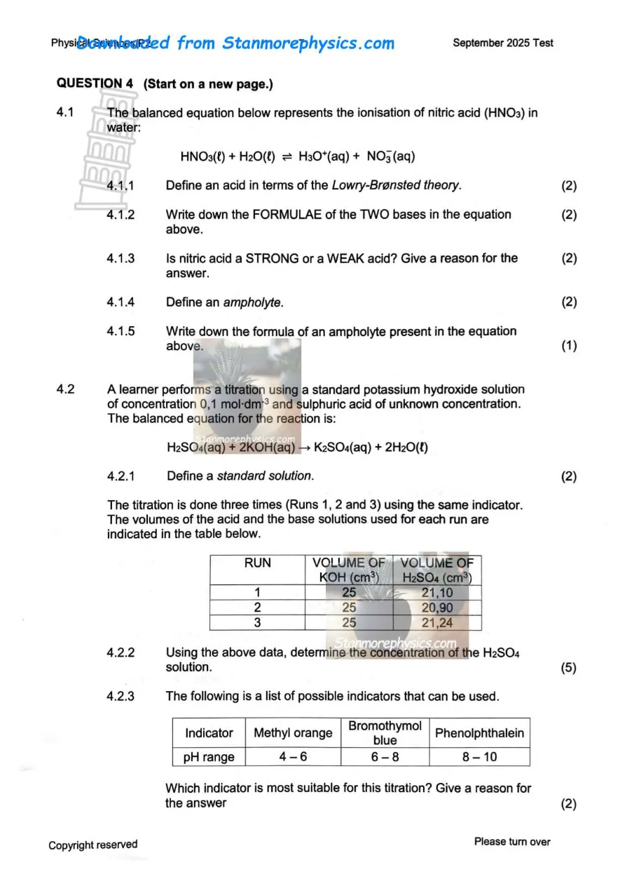 Grade 11 Physical Sciences Paper 1, Question 4.1 and 4.2 — Lowry-Brønsted definitions and titration of sulfuric acid against potassium hydroxide